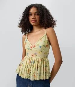 Blusa Peplum Floral em Tule com Decote Transpassado em V