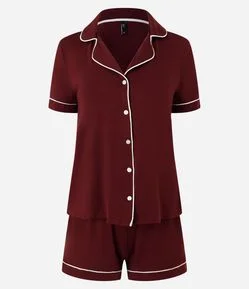 Pijama Americano Curto em Viscolycra com Viés Contrastante
