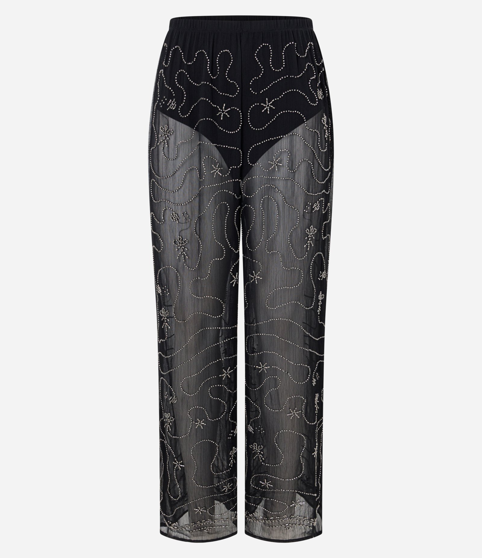 Calça Wide Leg em Crepe com Bordados Aplicados Preto 5