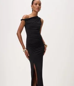 Vestido Midi com Um Ombro Só e Drapeado