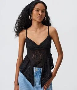 Blusa de Alcinha em Renda com Decote V e Pontas Assimétricas