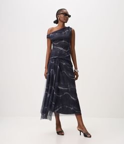 Vestido em Tule com Estampa Abstrata e Faixa Torcida