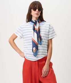 Blusa Slim Listrada em Algodão com Gola Contrastante