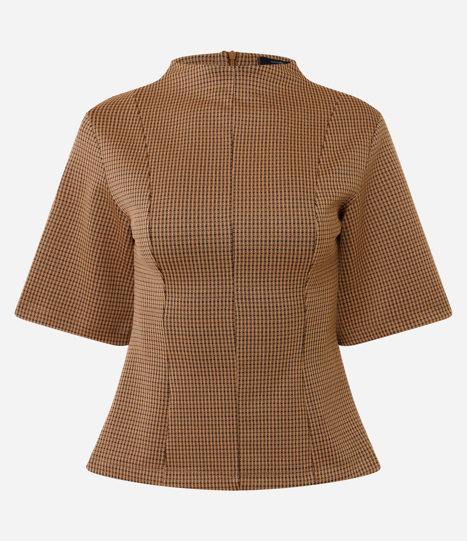 Blusa em Ponto Roma com Estampa Xadrez e Recortes Estruturados Bege 5