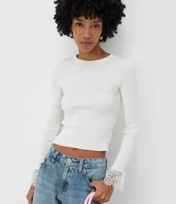 Blusa em Tricô Canelado com Punhos em Renda