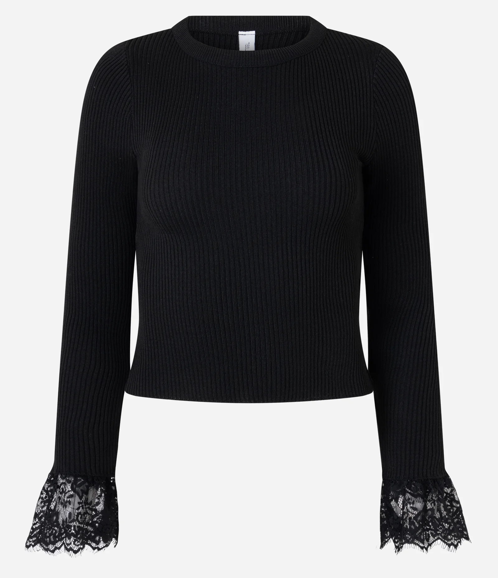Blusa em Tricô Canelado com Punhos em Renda Preto 1