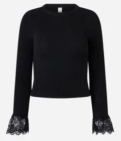 Blusa em Tricô Canelado com Punhos em Renda