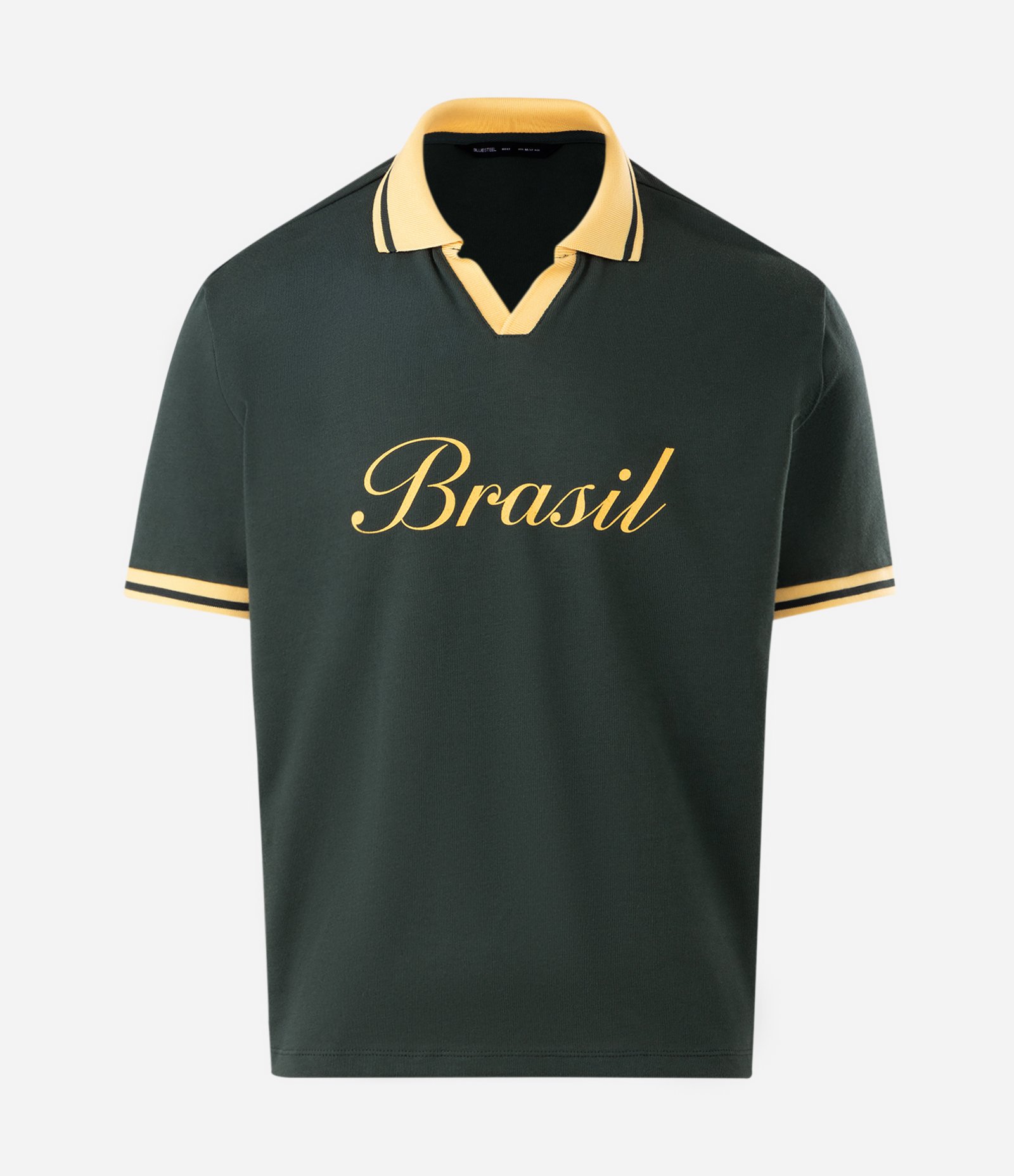 Camiseta Boxy com Gola Polo Contrastante e Lettering Brasil Verde 1