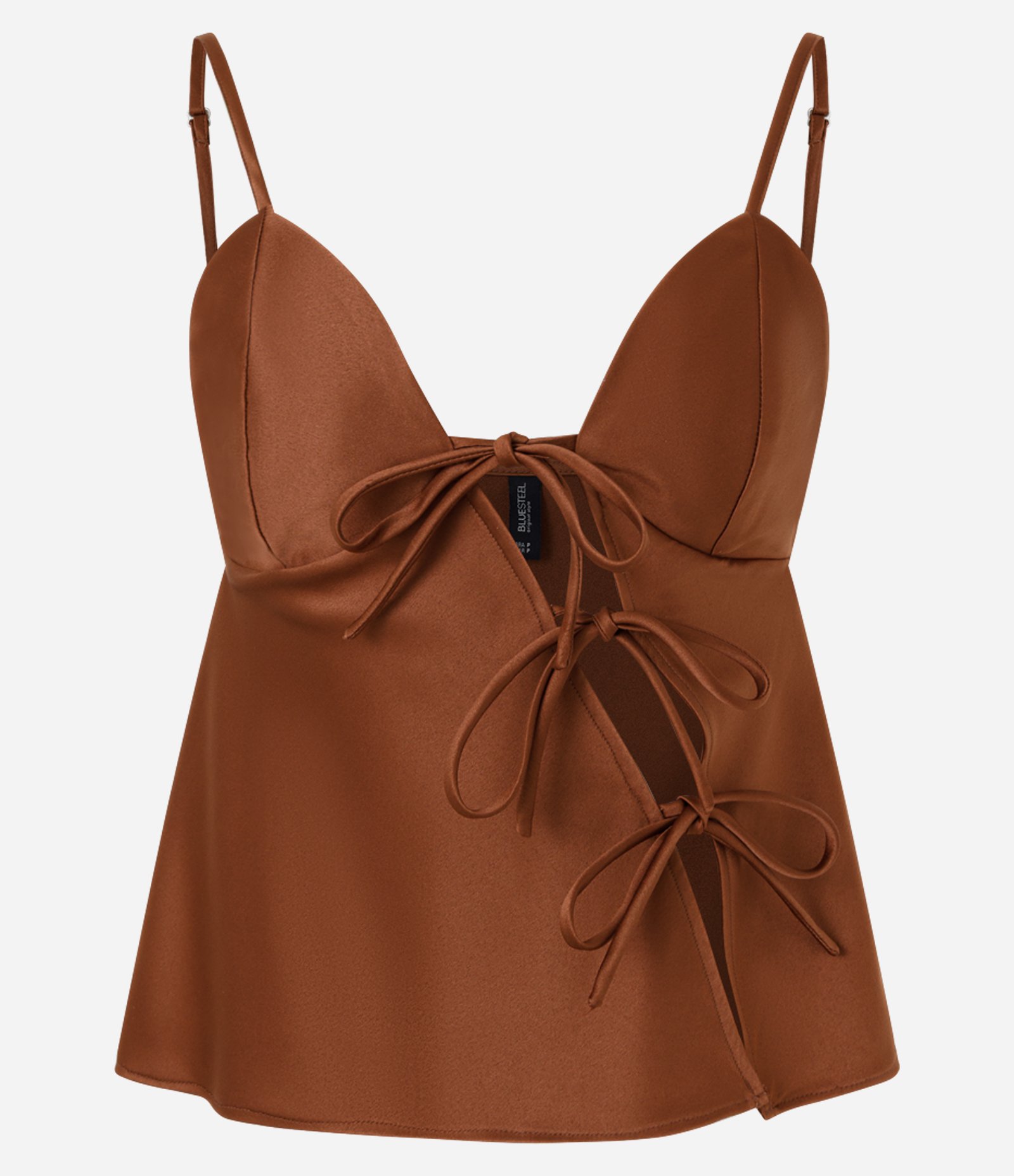 Blusa Acetinada com Abertura Diagonal e Laços Frontais Marrom 2