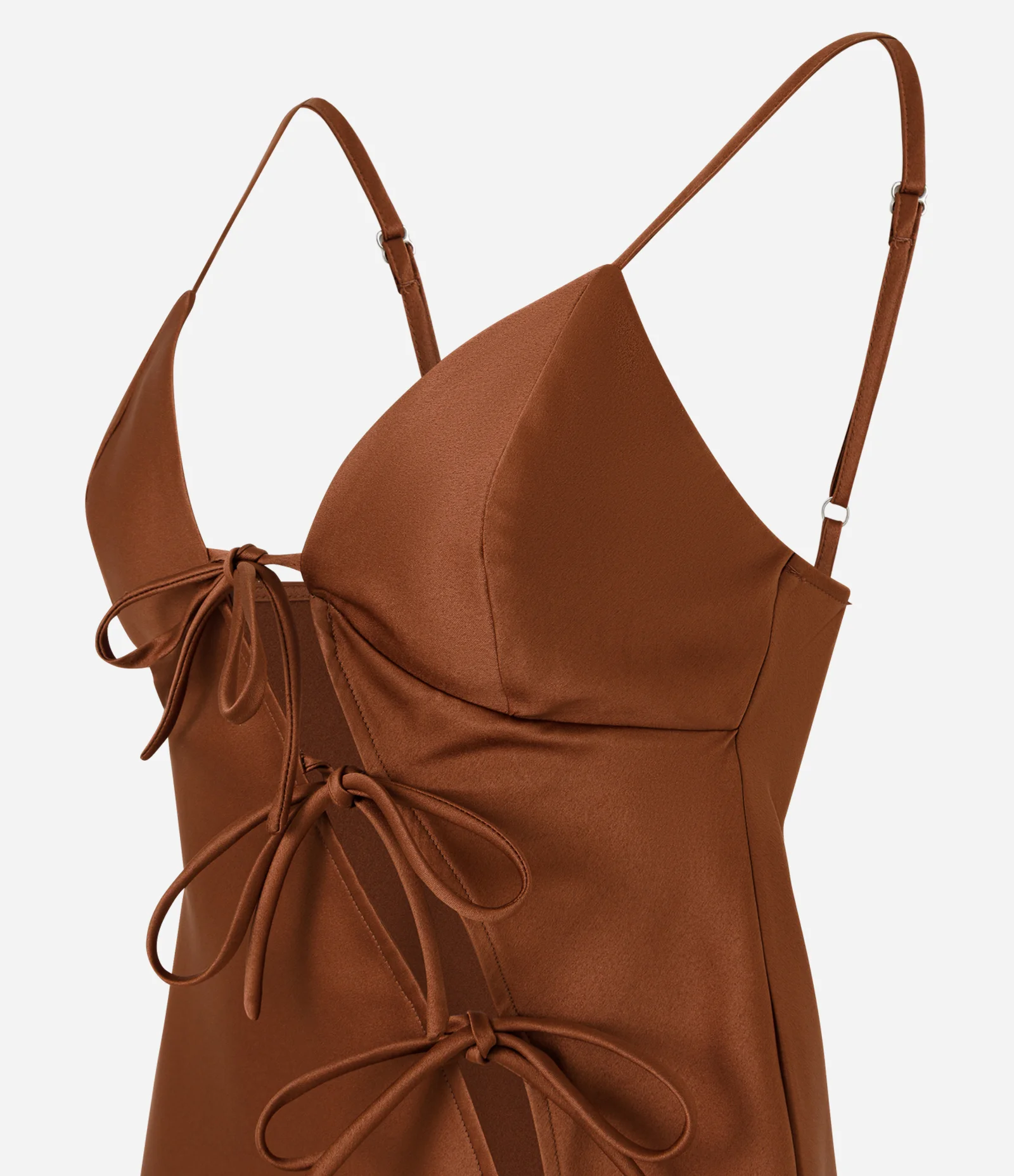 Blusa Acetinada com Abertura Diagonal e Laços Frontais Marrom 3