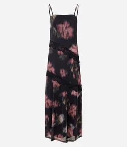 Vestido em Tule Floral com Renda Assimétrica