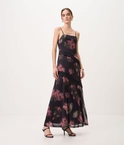 Vestido em Tule Floral com Renda Assimétrica