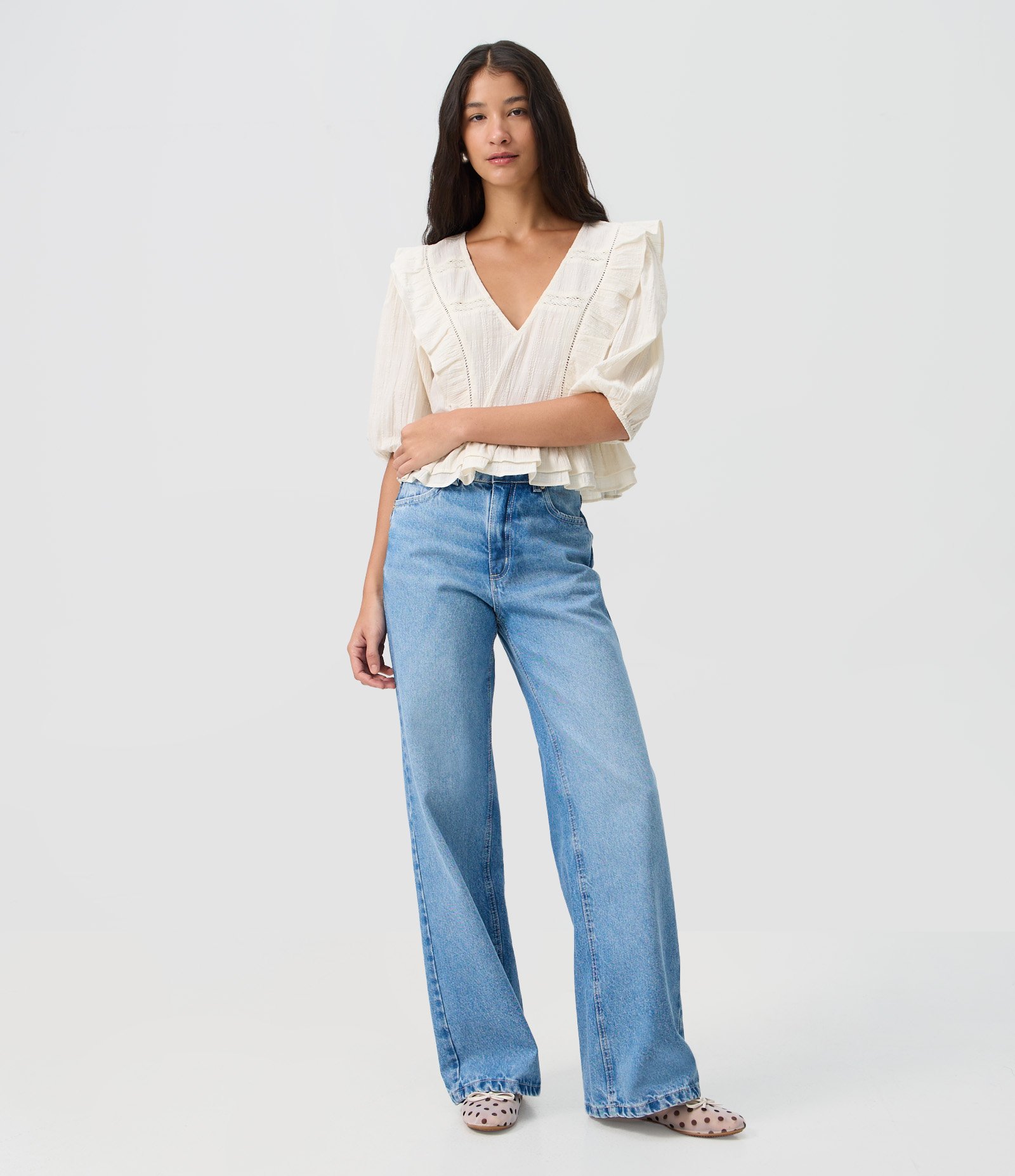 Calça Wide Leg em Jeans Premium com Cintura Média Azul Claro 1