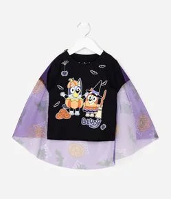 Camiseta Infantil Em Algodão Bluey Halloween com Capa de Tule - Tam 1 a 6 Anos