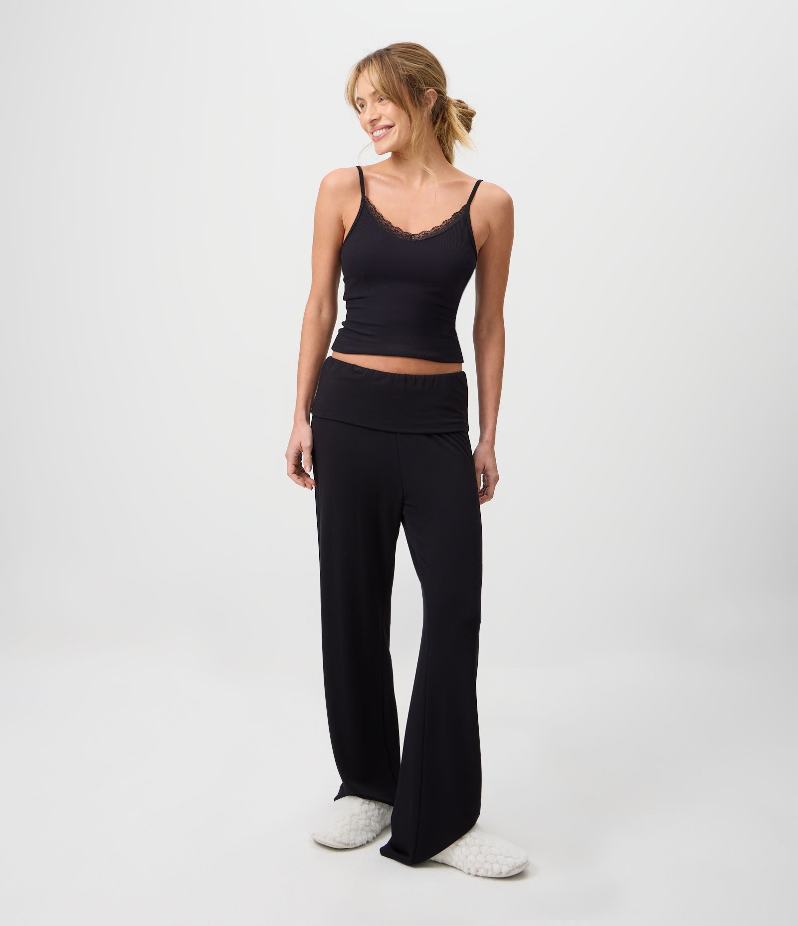Calça de Pijama em Viscolycra com Cós Virado Preto 1