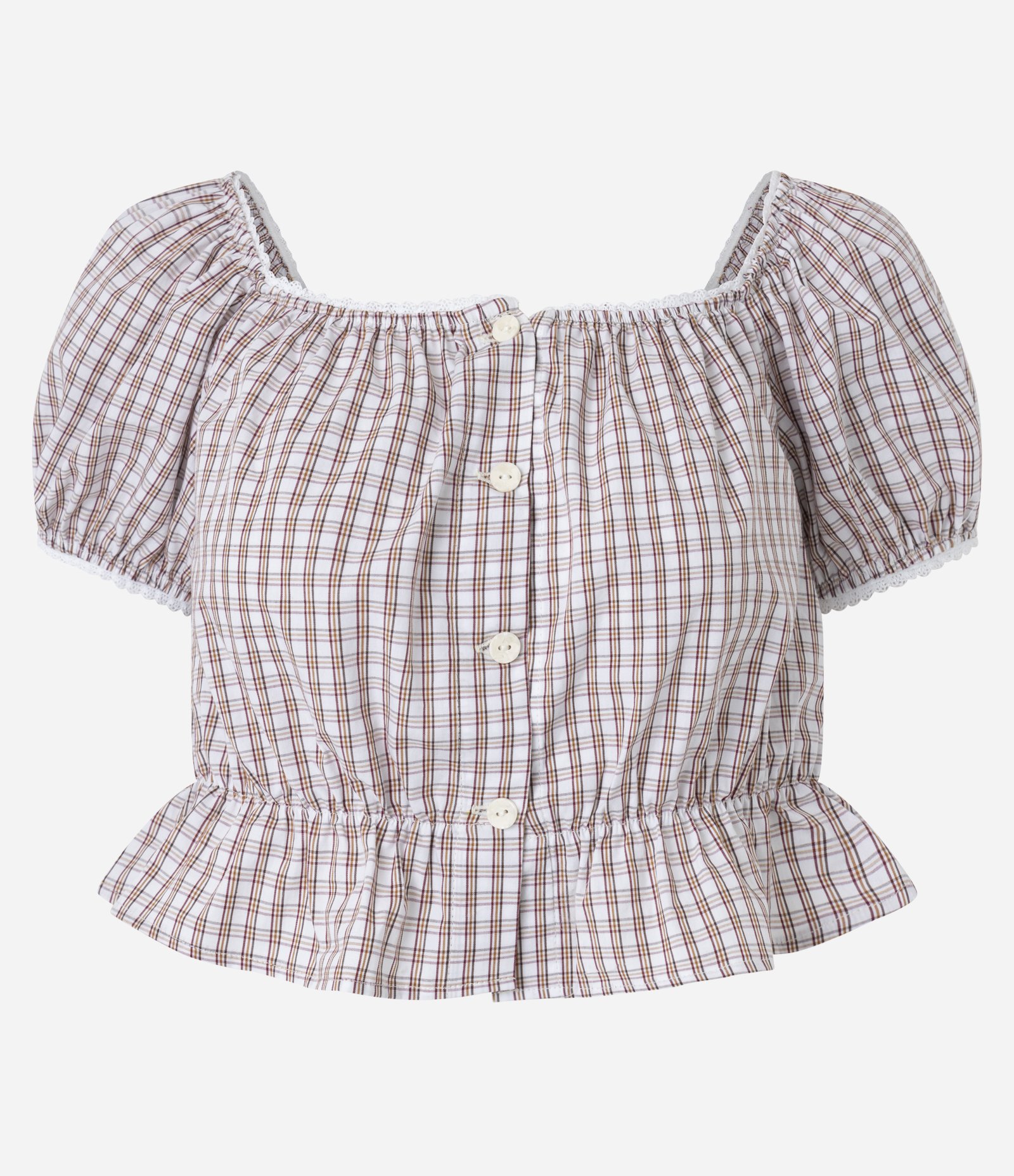 Blusa Cropped em Tricoline Xadrez com Modelagem Ombro a Ombro Bege 5