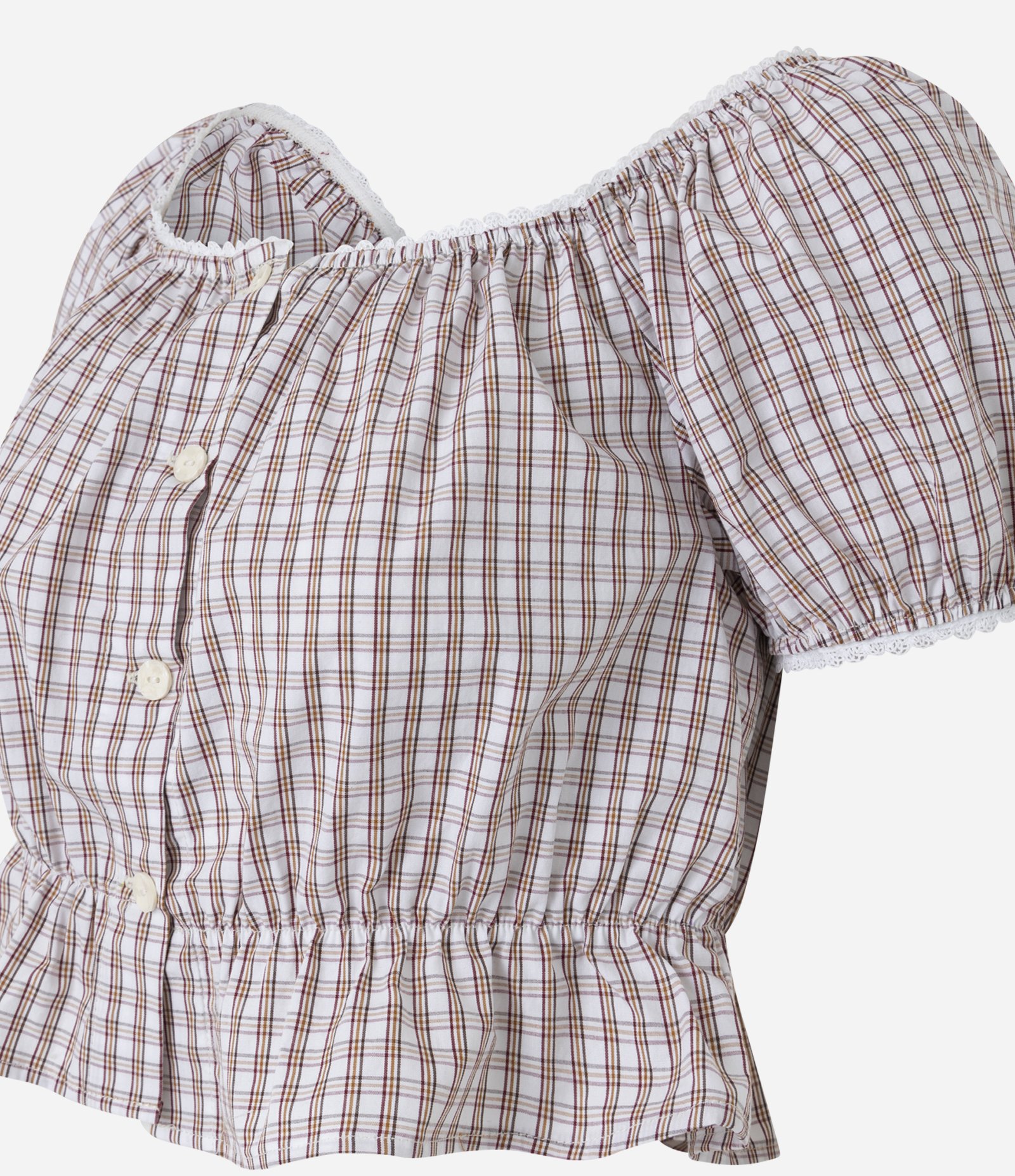 Blusa Cropped em Tricoline Xadrez com Modelagem Ombro a Ombro Bege 6