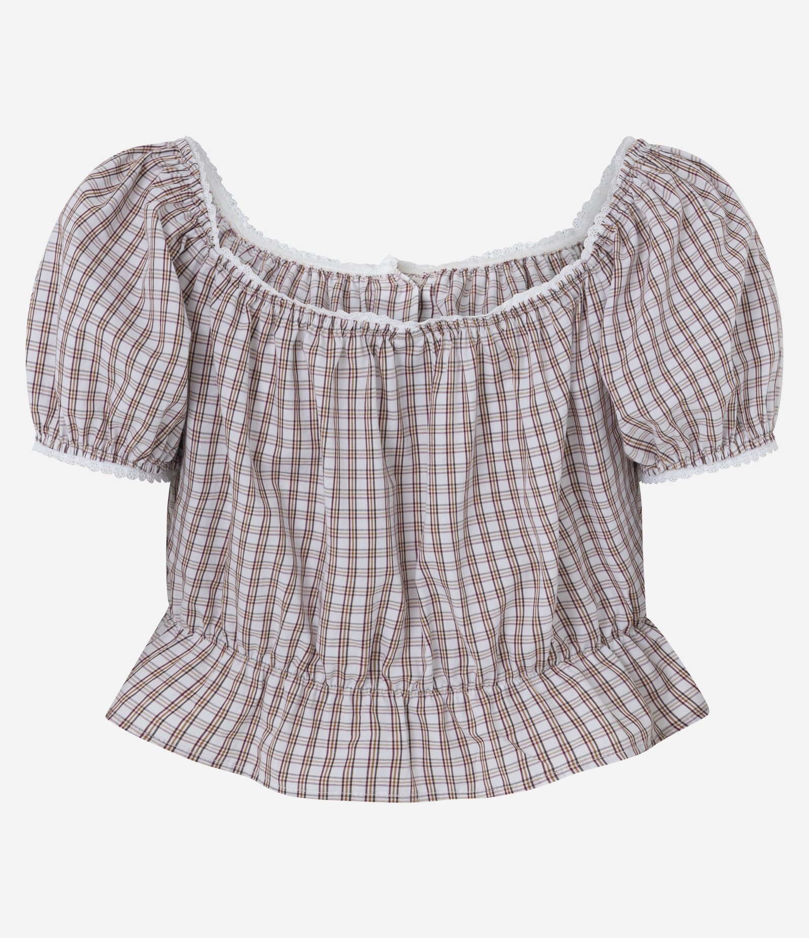 Blusa Cropped em Tricoline Xadrez com Modelagem Ombro a Ombro Bege 7