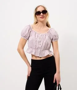 Blusa Cropped em Tricoline Xadrez com Modelagem Ombro a Ombro