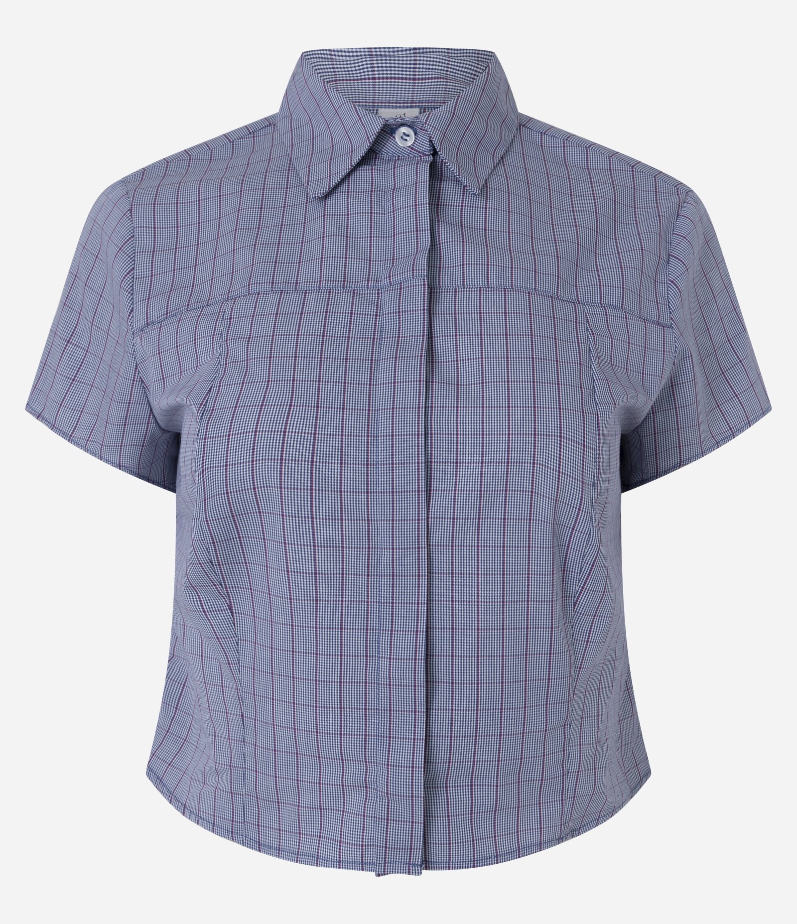 Camisa Cropped Ajustada em Algodão com Estampa Xadrez Azul 5