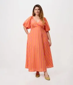 Vestido Midi em Algodão Listrado Bicolor e Transpassado Curve & Plus Size