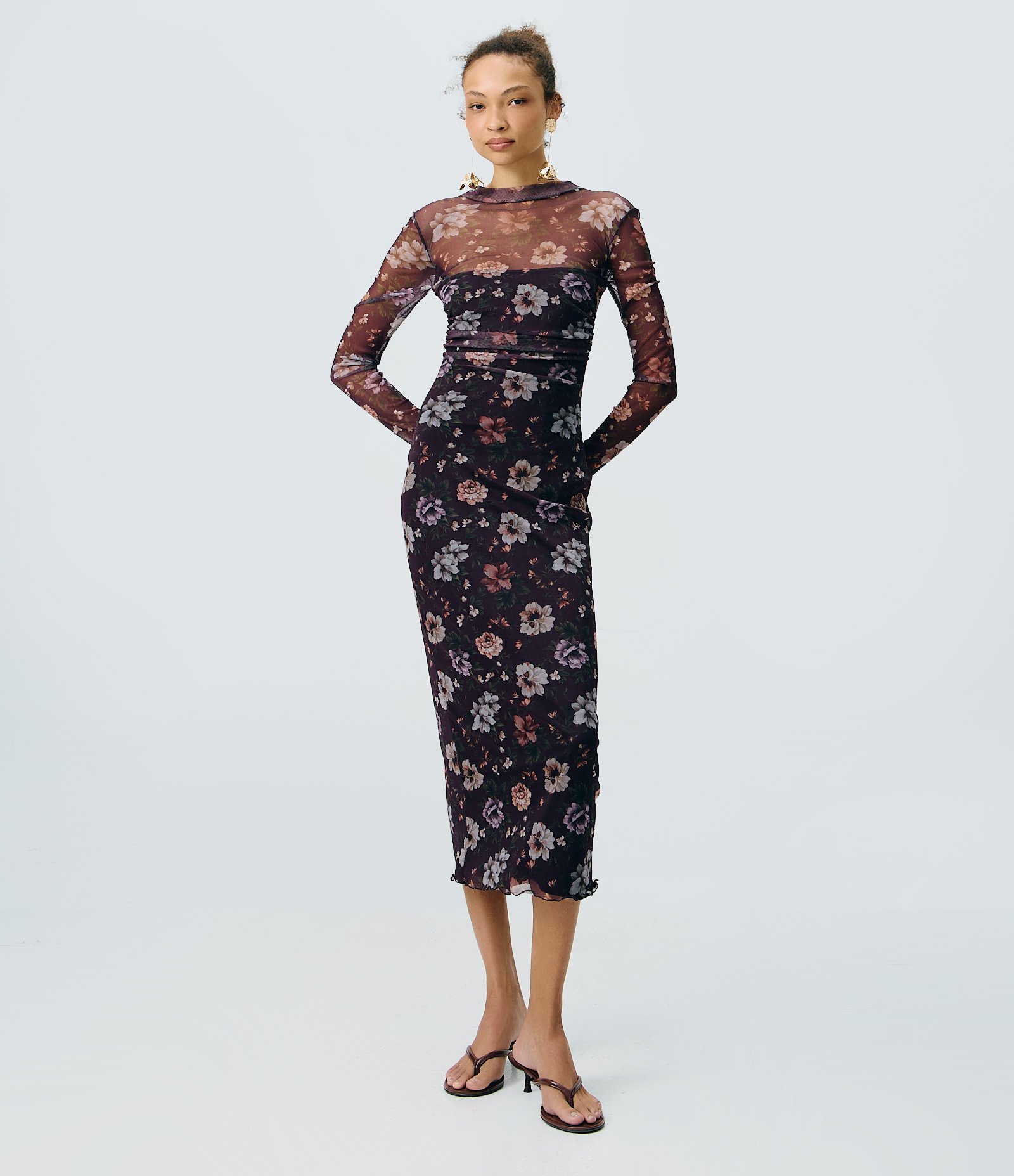 Vestido Midi em Tule com Estampa Floral e Gola Alta Preto 1