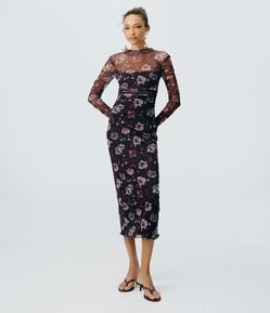 Vestido Midi em Tule com Estampa Floral e Gola Alta