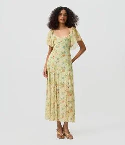 Vestido Midi em Tule Floral com Nesgas