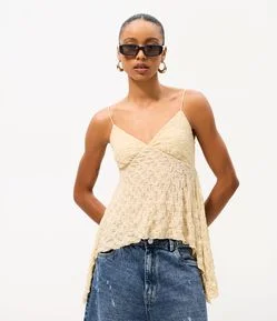 Blusa de Alcinha em Renda com Barra Assimétrica com Pontas