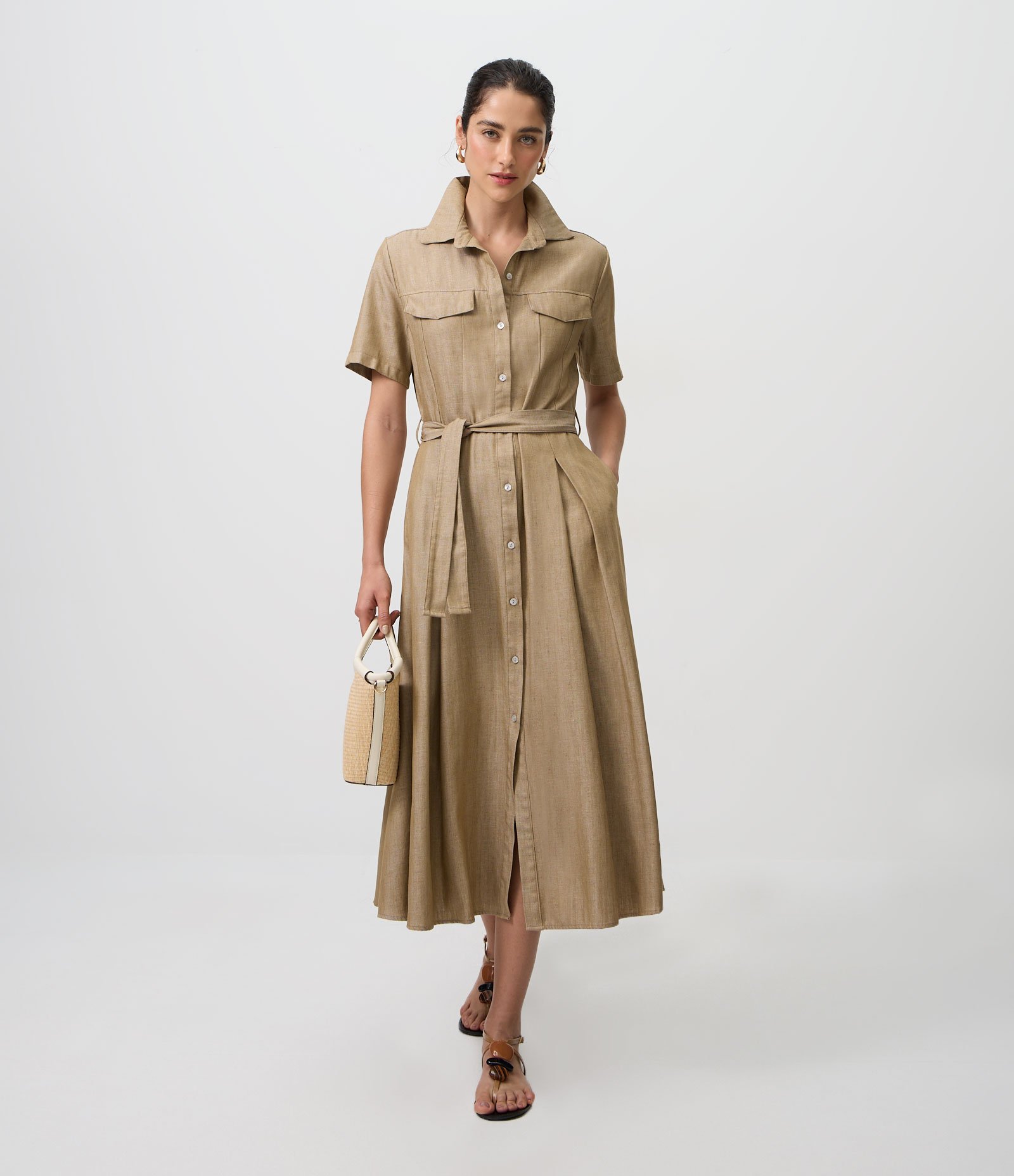 Vestido Midi em Jeans com Faixa na Cintura Bege 1