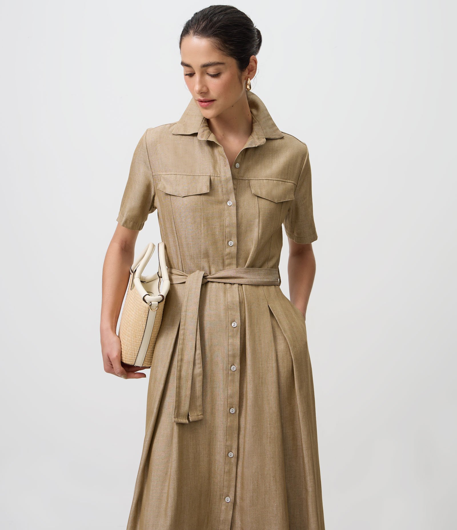 Vestido Midi em Jeans com Faixa na Cintura Bege 2