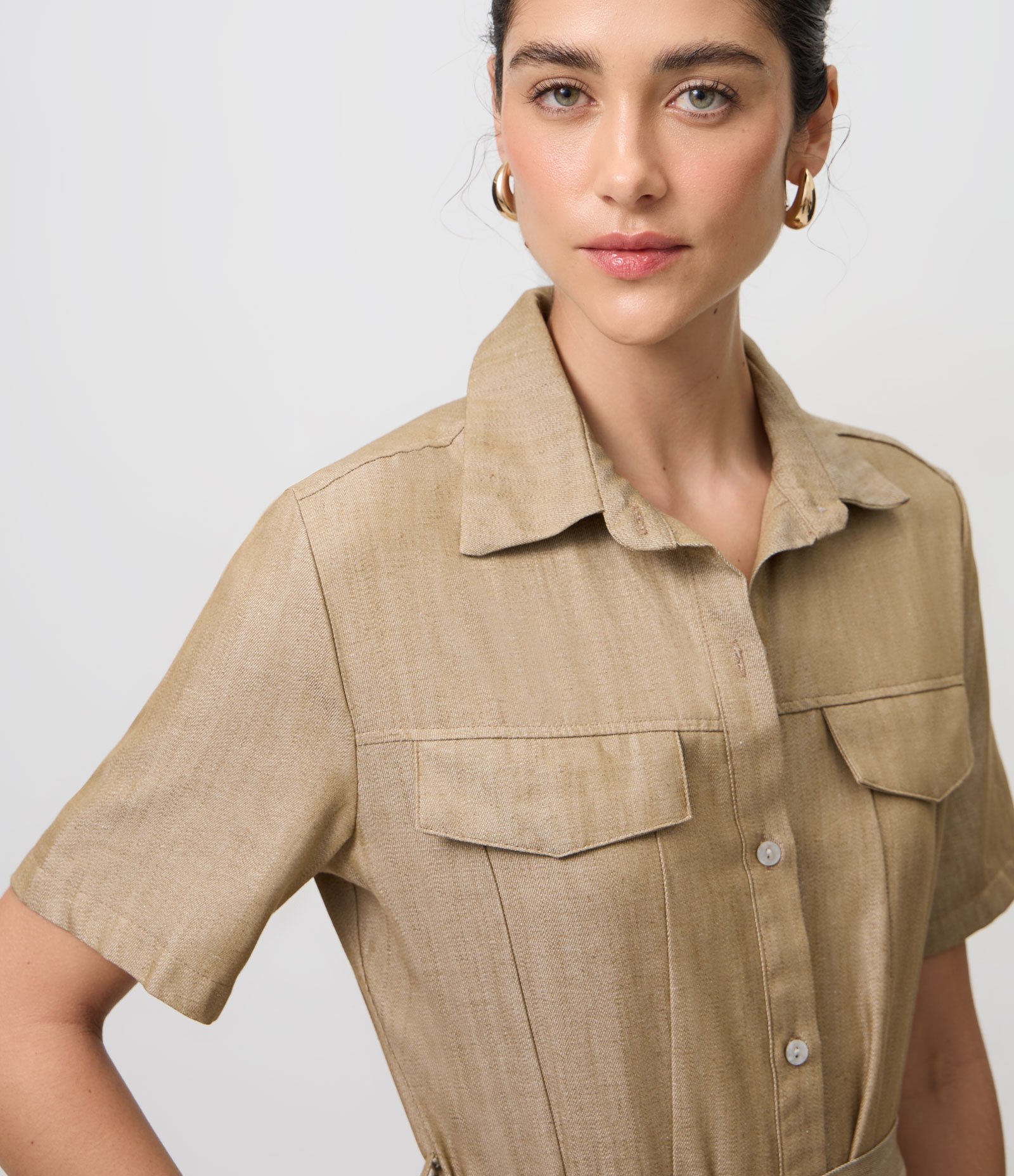 Vestido Midi em Jeans com Faixa na Cintura Bege 3