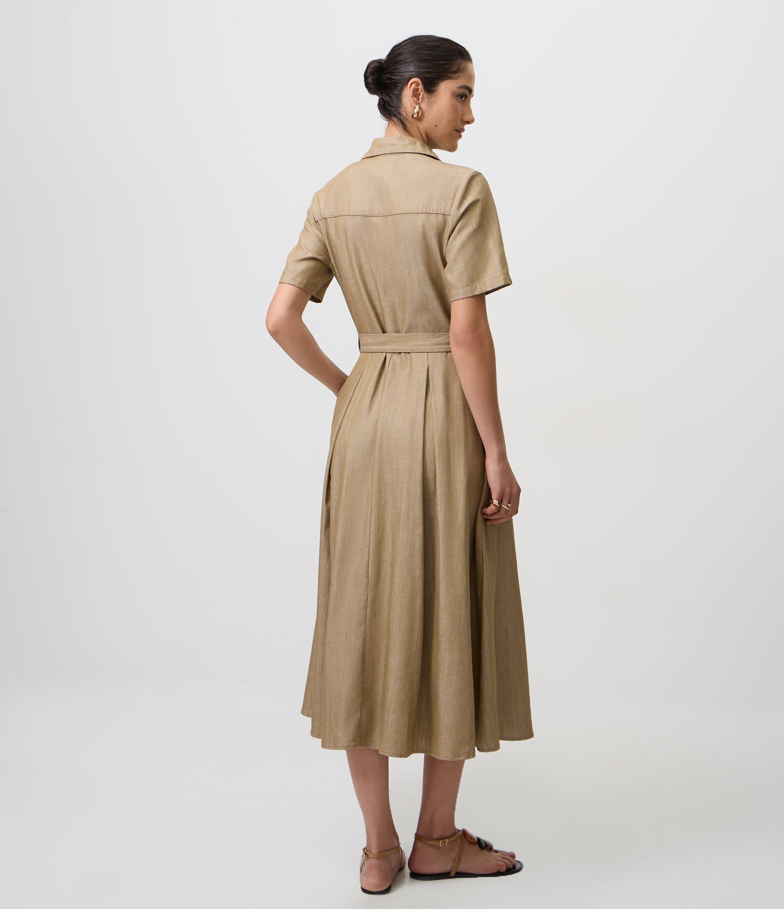 Vestido Midi em Jeans com Faixa na Cintura Bege 4