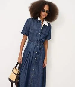 Vestido New Midi em Jeans com Faixa para Amarração