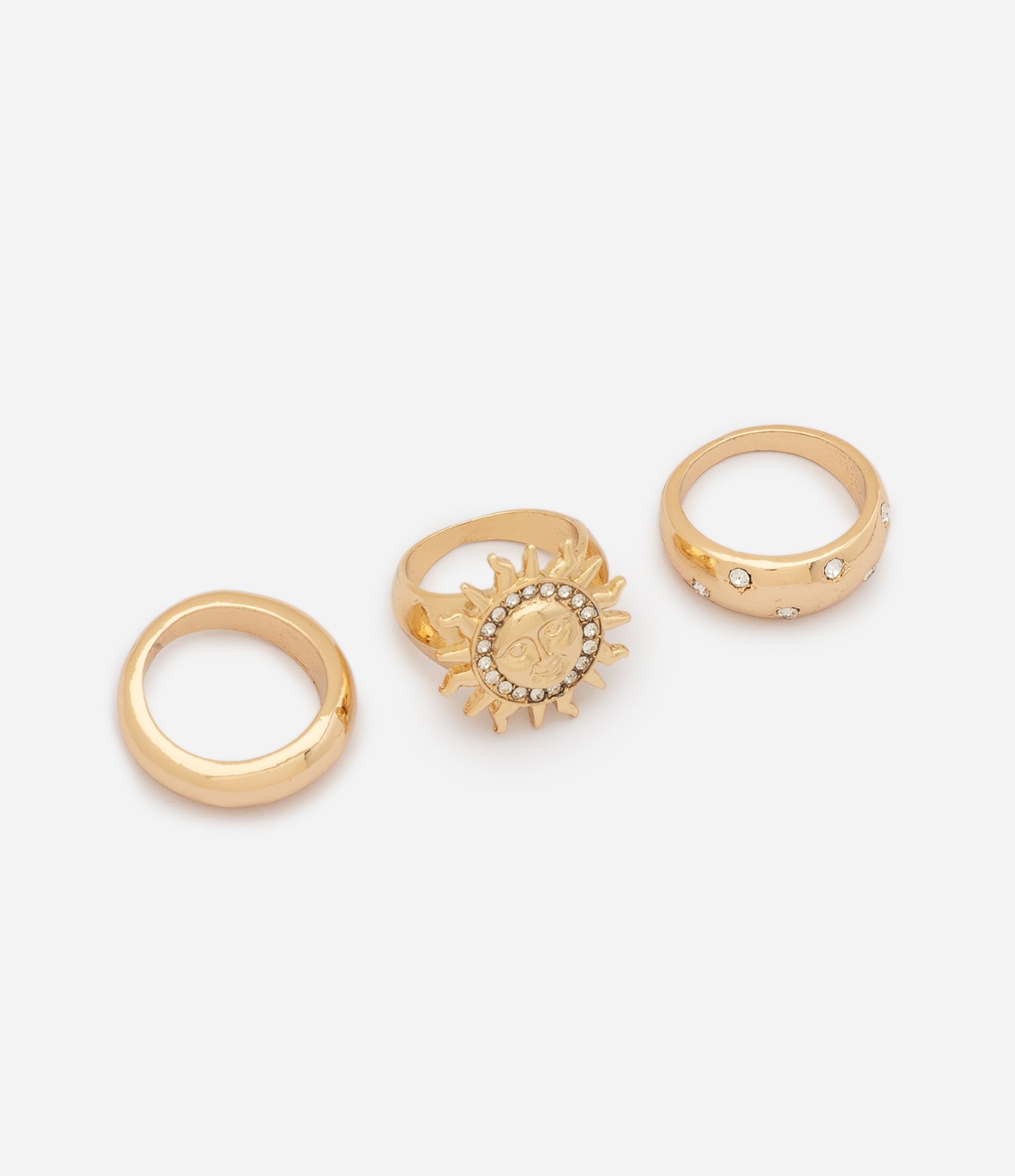 Kit de 03 Anéis com Sol e Aplicações de Cristais Dourado 1