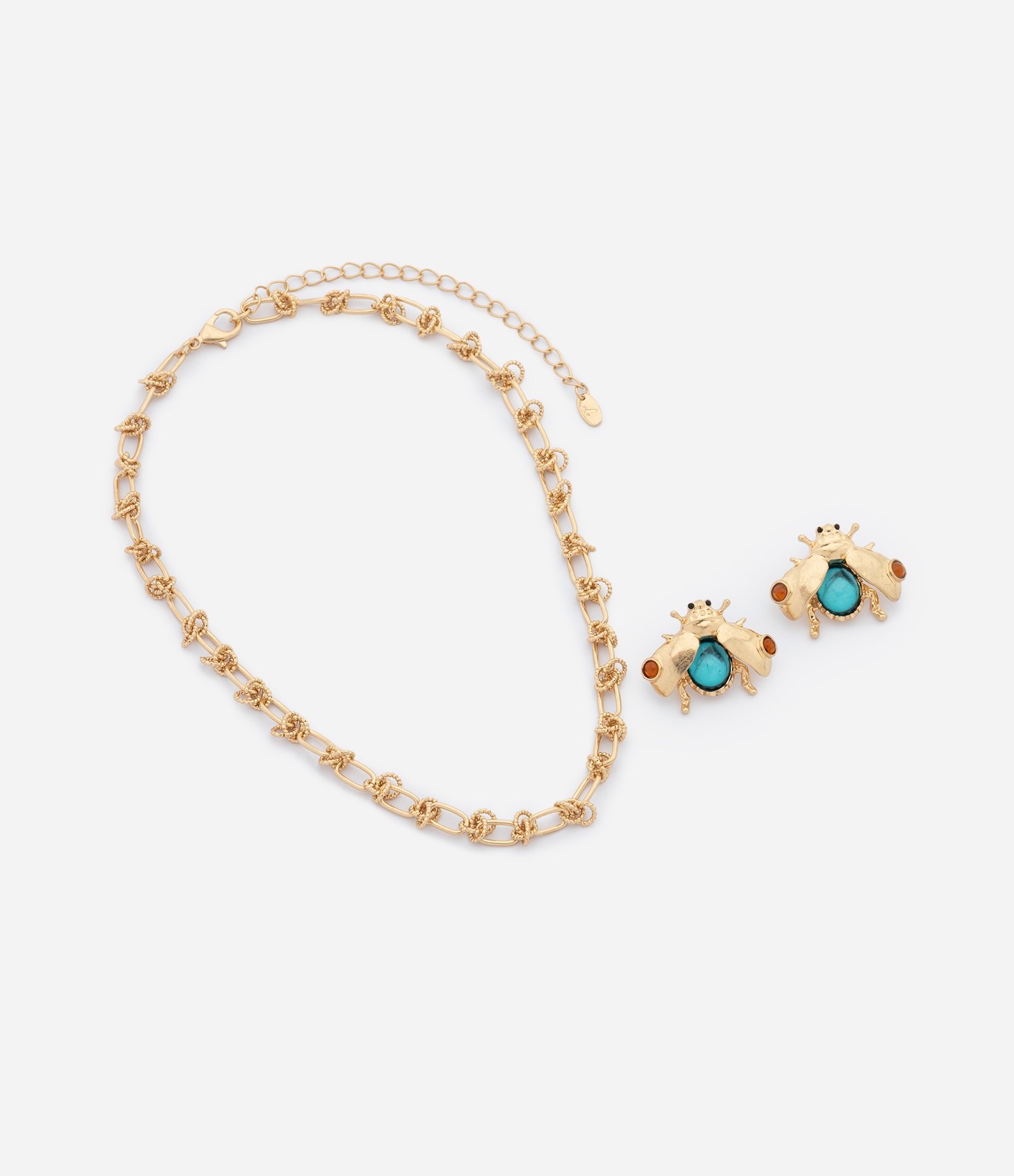 Conjunto com Colar de Elos Texturizados e Brincos Besouro Dourado 2