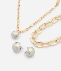 Conjunto de Colar em Camadas e Brincos com Esferas
