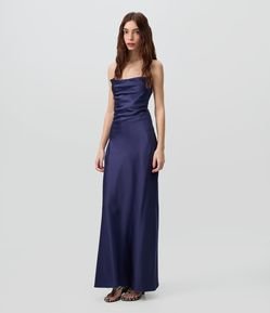 Vestido Long Midi em Cetim com Decote Degagê e Costas Abertas