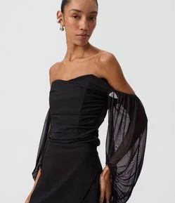 Blusa Corsetada em Tule com Mangas Bufantes