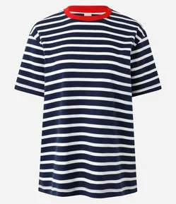 Camiseta Básica Oversized Listrada em Algodão