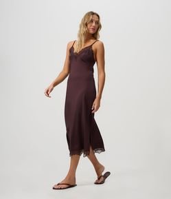 Camisola Midi em Microfibra com Renda no Decote