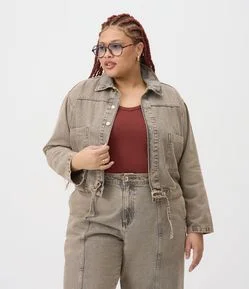 Jaqueta Bomber em Jeans Sobretinto com Cadarço Curve & Plus Size