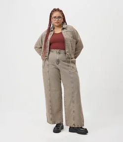 Calça Wide Leg em Jeans Sobretinto com Recortes Curve & Plus Size