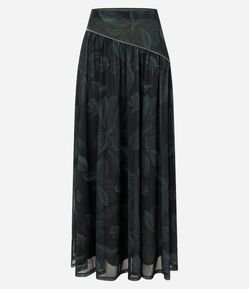Saia Longa em Tule com Estampa Floral e Recorte Assimétrico