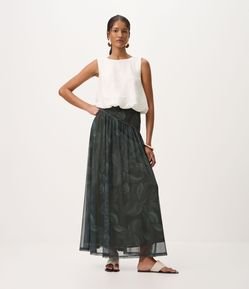Saia Longa em Tule com Estampa Floral e Recorte Assimétrico
