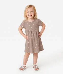 Vestido Infantil em Algodão Canelado com Foil de Corações Dourado - Tam 1 a 6 Anos