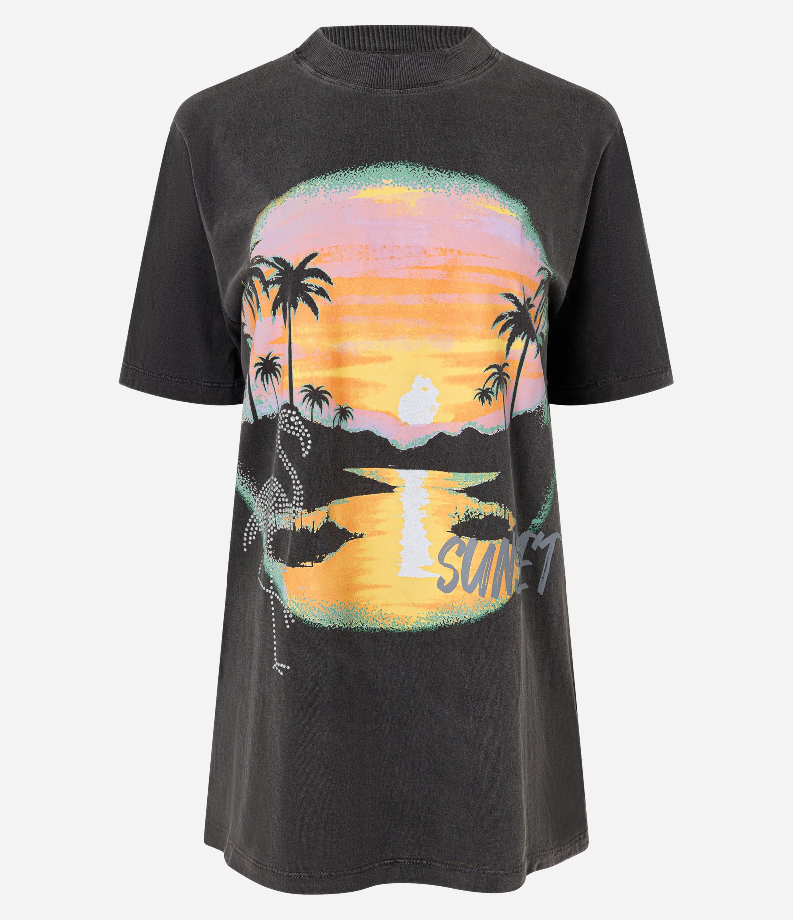Camiseta com Estampa Sunset com Aplicação de Brilhos e Efeito Estonado Preto 5