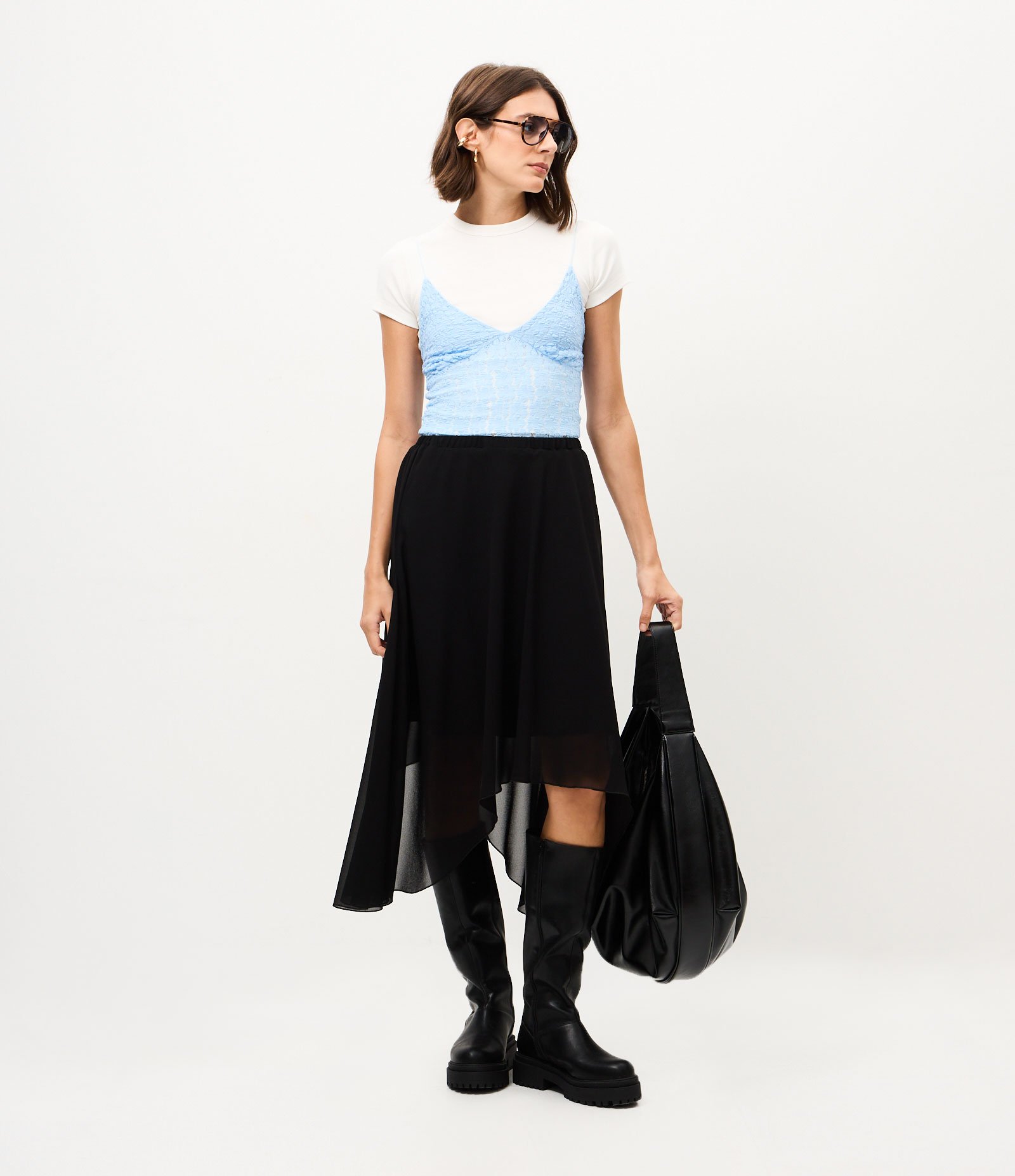 Saia Midi Plissada em Chiffon Preto 1