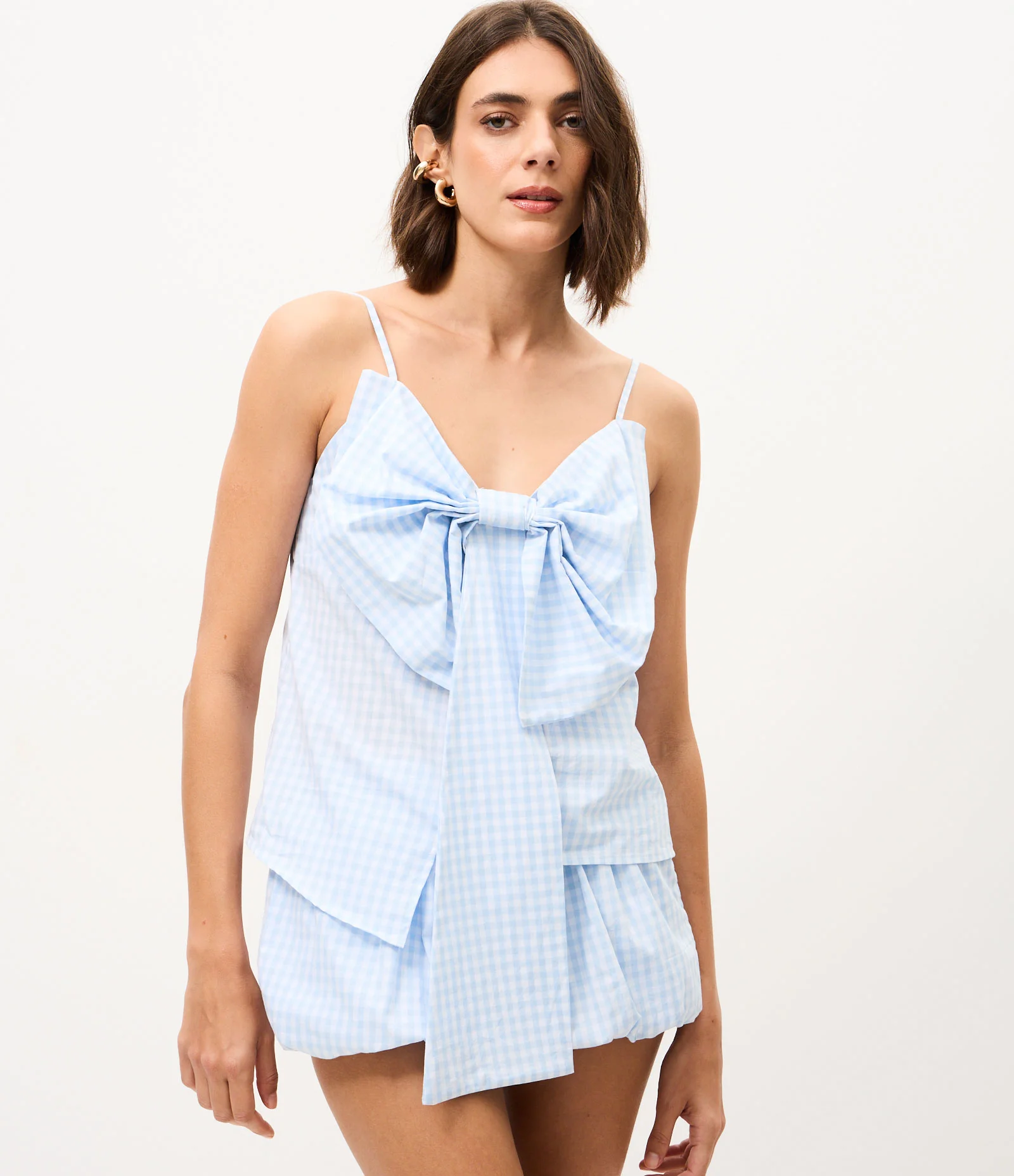 Blusa em Tricoline Xadrez com Laço na Frente Azul 1