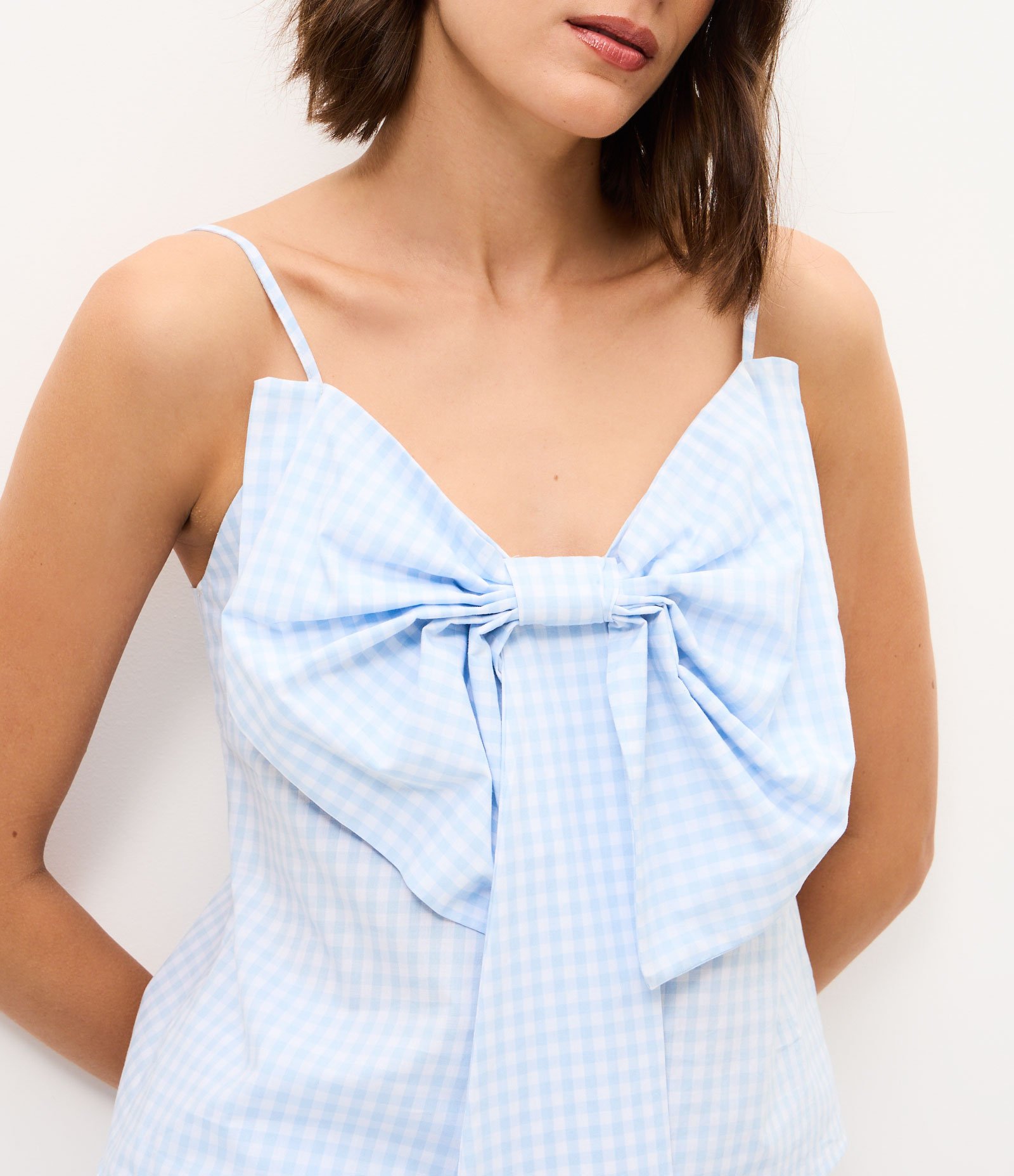 Blusa em Tricoline Xadrez com Laço na Frente Azul 3